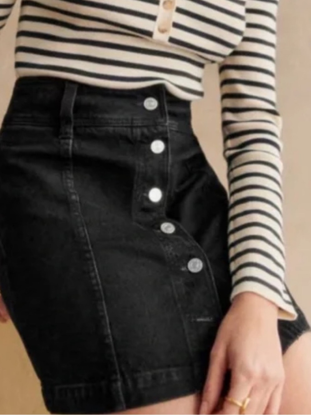 Sezane Black Button-Front Denim Mini Skirt